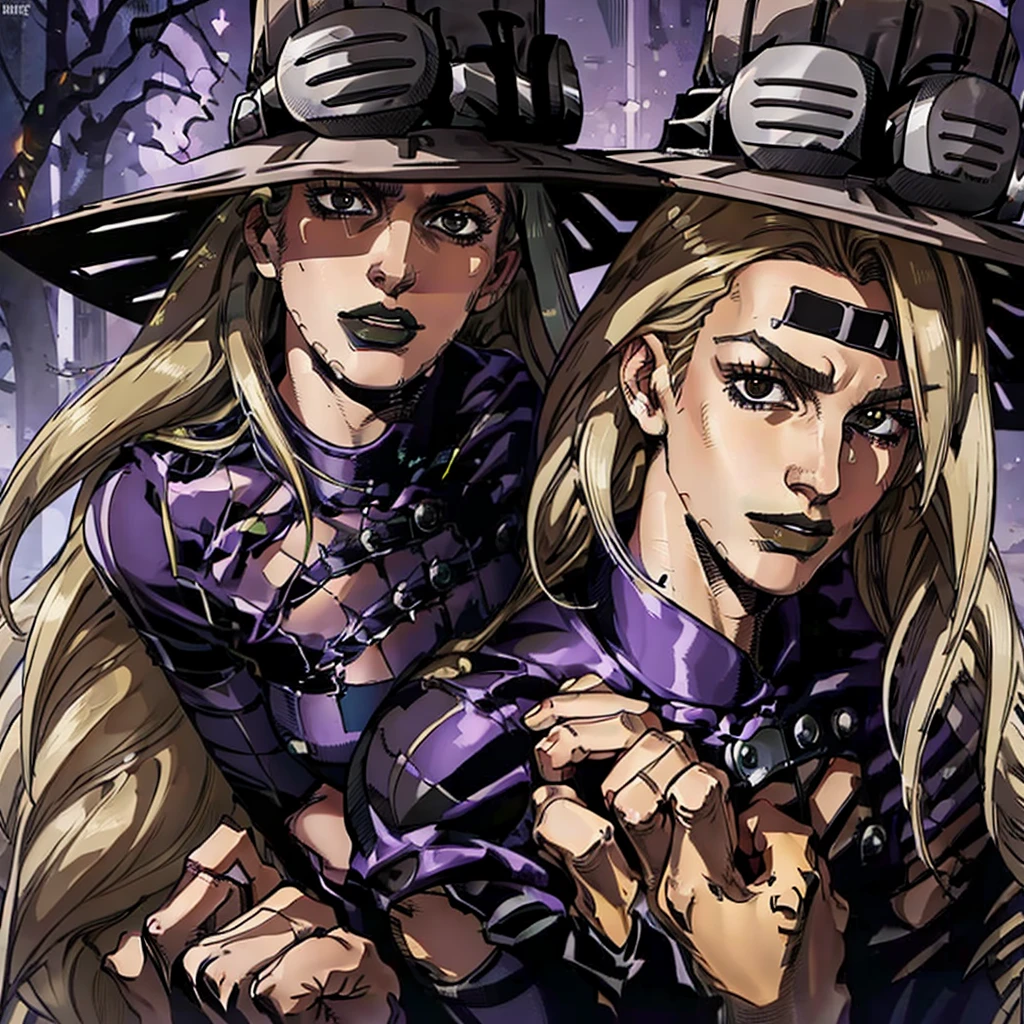 Two people. A woman and a man. Woman in gray suit and red tie. Man in pinstripe suit and white hat. Pose of a couple. Jojo pose. Woman with dark skin. Man with Clear Skin