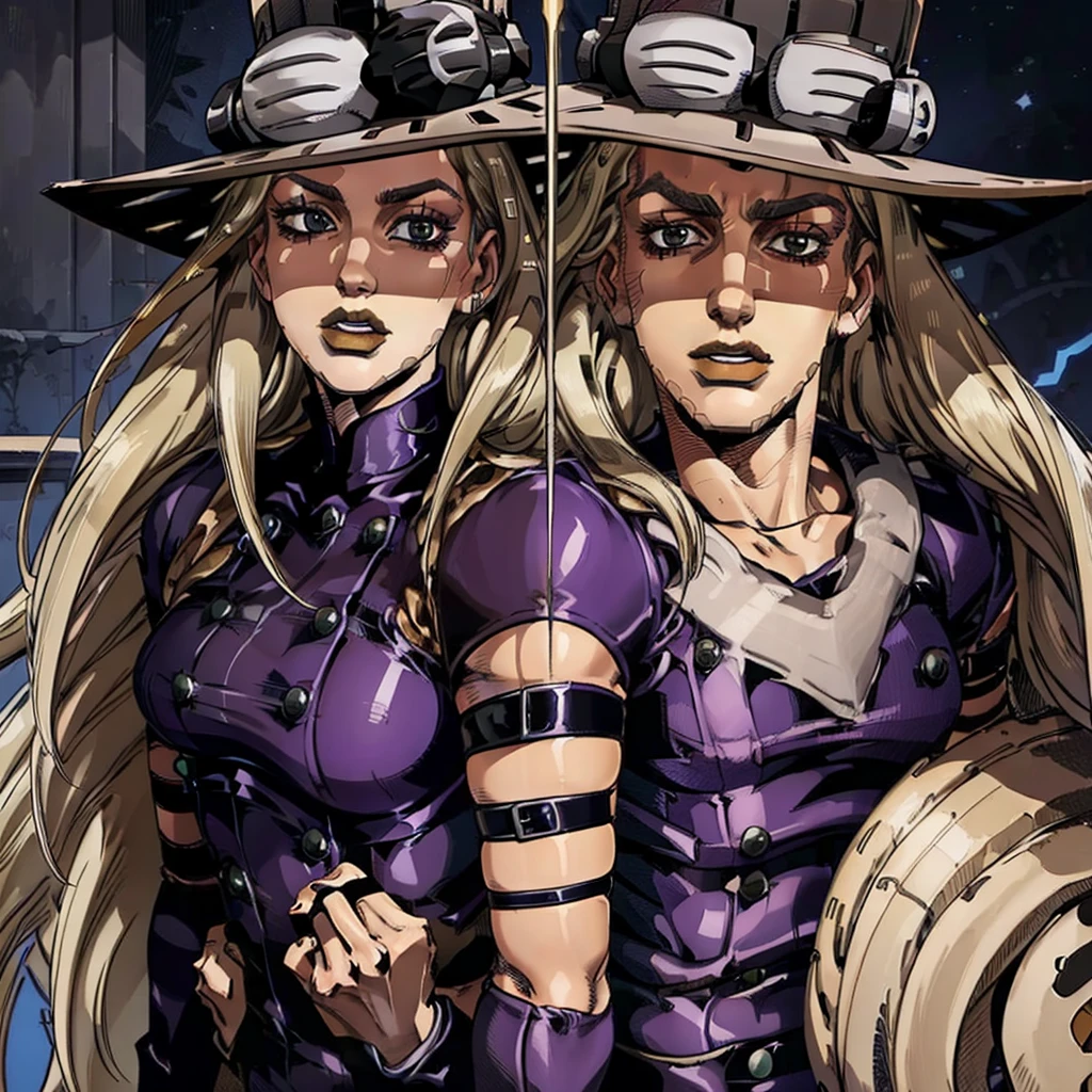 Two people. A woman and a man. Woman in gray suit and red tie. Man in pinstripe suit and white hat. Pose of a couple. Jojo pose. Woman with dark skin. Man with Clear Skin