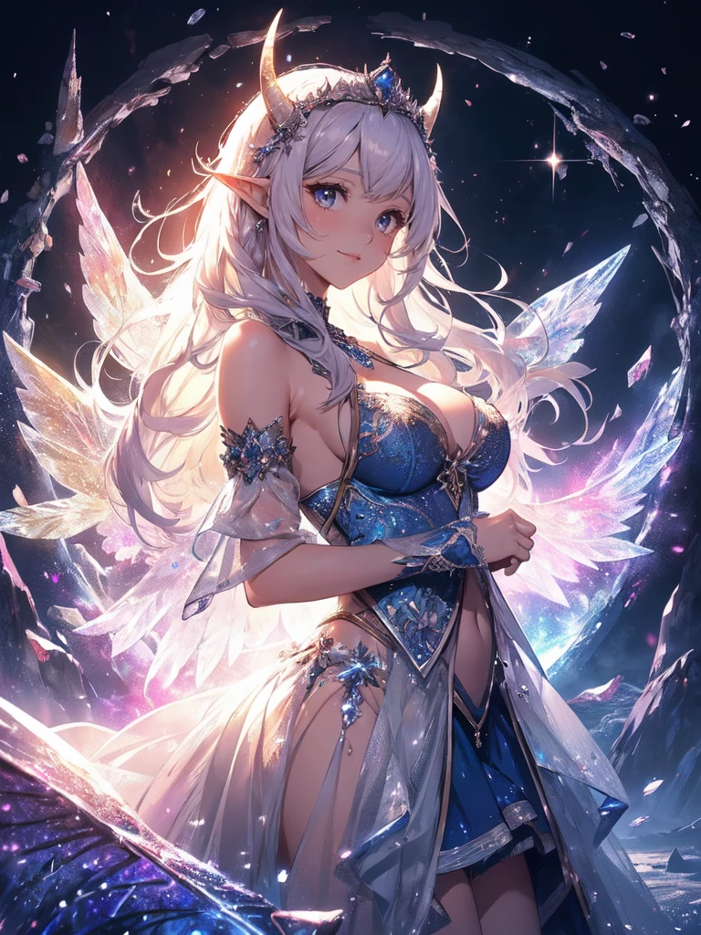 最high quality、1 woman elf、Succubus、(( cowboy shot ))((underwear))'((low angle1.5 ))、beautiful瞳、tears、、beautiful装飾、brassiere、panty、Ice tiara、、A world made of ice、最high quality , fractal art.Ice Throne、ice World、bikini、beautiful胸、Large Breasts　((Laugh beautifully、))((Glowing ice　))SMqueen、beautiful顔、Orgasm、Ecstasy、全身beautiful装飾のストッキング、Devil's World、Ice crystals、Crystal of snow、Ice wall、ice World、Bigger on the front、 beautiful輝き,High-definition depiction, Realistic, 8k, Unity, beautiful太もも,,Giant Devil's Wings、虹colorに輝く翼、、 light smile, Beautifully and vividly drawn, , beautiful beautiful透き通る肌、輝くbeautiful装飾の魔法、Giant horns、  demon king、、beautiful装飾の角、 , beautiful、 Romanticism,mosquito。 混沌の最もbeautiful形, Mr..々color, Intertwined flowers, P article,Magical gentle light,smile,,image quality、masterpiece、beautiful顔、Super beautiful elf woman((Big breasted 22 year old office lady、Bust 120,Beautiful long ironed hair、Silver Hair、height: 165cm。、Esbian、、high quality、、Visual Arts、最high quality、1 woman elf NP: Worst quality ,beautiful fractal art　、frozen、、light、Beautiful radiance,High-definition depiction, Realistic, 8k, Unity, , light smile, Beautifully and vividly drawn, , Beautiful, beautiful, clear skin、 Countless rays of light pouring down, Swirling Light, big background, , Intense light is emitted from the magic circle in front of the girl. Romanticism,Cowboy Shot:  最high quality　　