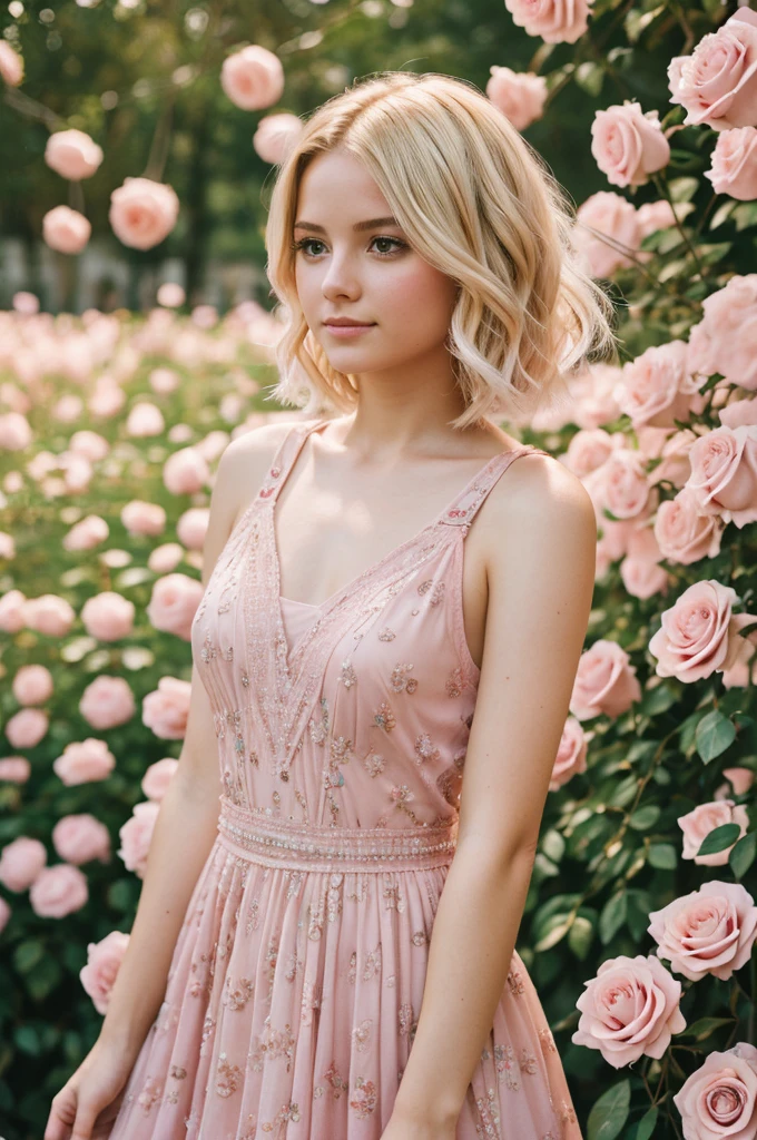 8k, RAW photo, Fujifilm, style photo of a beautiful young woman as avril in a garden of light pink roses (highly detailed skin: 1.2) Style-Petal BREAK short hair, blonde hair with colored locks, wearing a dress, film granulation, 35mm, cute style