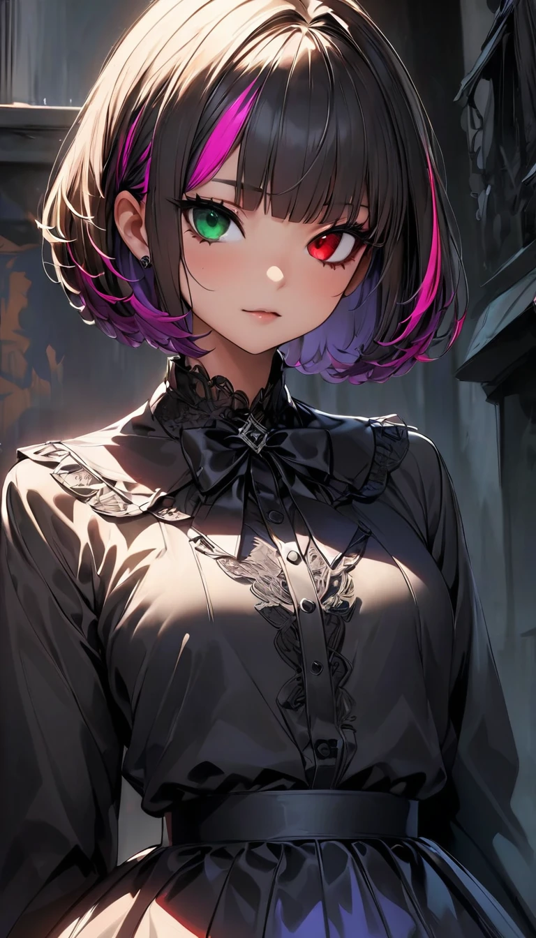 (highest quality:1.2, Very detailed, up to date, Vibrant, Ultra-high resolution, High Contrast, masterpiece:1.2, highest quality, Best aesthetics), Portraiture、girl、solo, (25-years-old:1), slim, , heterrochromia, green eye, red eye, ((gothic lolita:1.3)), intricate black lace dress,r uffles,bows, high collar, in charch, ((Stained glass:1)), Bright colors、Beautiful fine details、Beautiful lip detail、extra short hair, ((bob cut:1.5))、pink and purple, ((streaked hair:1.9)), (highlights hair: 1.6), (small breast:1.3), (tan skin:0.7), (cowboy shot:1.3),