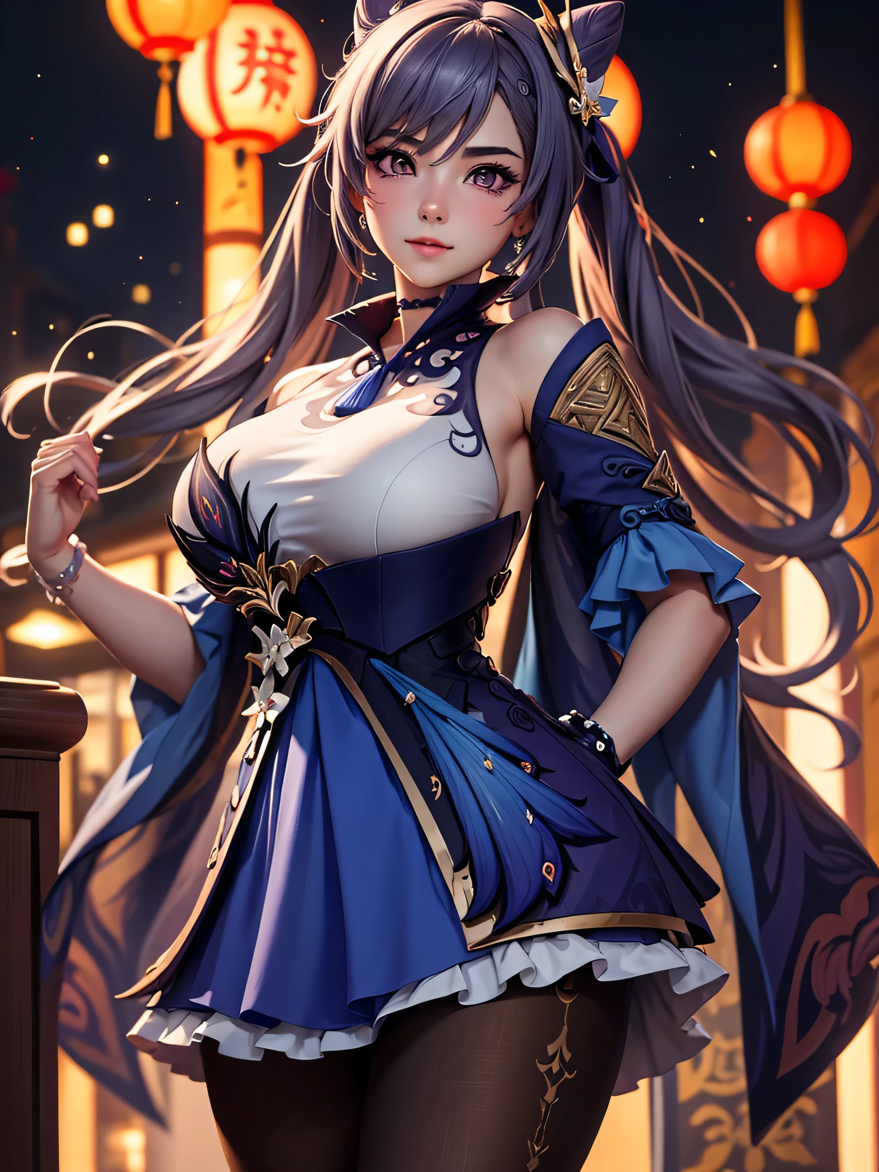 ((highly detailed)), genshin impact, keqing, perfect human hands,(great breast:1.1),relaxed pose, ((fit female)) , super perfct body curve, masterpiece, 4K, detailed, perfect face, (20 years old) language, fit figure, gorgeous perfect face, happy expression, realistic style and super detailed renderings, superrealism, super-realistic oil, contour shadow-procesull body portrait, standing, hands on waist, high res, ultrasharp, 8K, masterpiece, looking at viewer, blushing, chinese city in the background, super detailed eyes, beautifull eyes