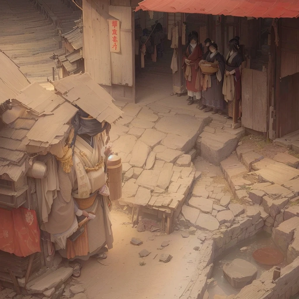 Painting of a man and woman in a village with a red awning, traditional japanese Concept Art, by Kamisaka Sekka, Beautiful artwork illustration, by Shimo, Final Fantasy Artwork Concept, Gwaiz, Highly detailed scenes, illustration Concept Art, Full color illustrations, opening scene, Jan J, Concept Art, Concept ArtBlazing flames, fire, crowd, throng, freezing, mother warming her baby.Scenery and Cityscape in the Early Meiji Era After the Meiji Restoration, Japan underwent rapid modernization and civilization. Consequently, many changes and reforms occurred. Below is a detailed explanation of the scenery, appearance of the poor, occupations, and cityscapes in the early Meiji period (1868 to the early 1880s). 2. Appearance of the Poor Life for the impoverished and lower classes remained harsh. In particular, in urban areas, people migrated from rural areas or unemployed artisans gathered, intensifying competition in the labor market. Many of them struggled with poverty, often residing in slums or around temples. 3. Occupations Meiji early Japan witnessed a diversification of occupations. Traditional agriculture and handicrafts were accompanied by the rise of modern industry and commerce. Particularly in urban areas, factory workers, shop clerks, and transporters increased, giving rise to new professions. However, many in these occupations endured harsh working conditions. 4. Influence of Civilization and Enlightenment During the Meiji era, Western cultural influences spread rapidly. Changes in clothing, dietary habits, and the proliferation of Western-style architecture advanced, especially in urban areas. Conversely, this development posed a threat to traditional culture and lifestyles, resulting in societal upheaval and adaptation challenges. 5. Social Change and Policy Influence While promoting modernization policies, the government also addressed poverty and social issues. Legislation for labor protection and charitable activities to aid the poor were implemented. Nevertheless, living conditions for the impoverished scarcely improved. The early Meiji period marked a rapid tra