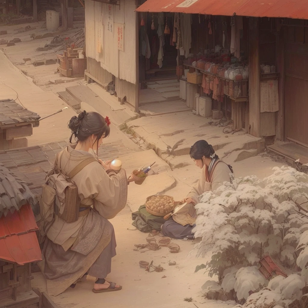 Painting of a man and woman in a village with a red awning, traditional japanese Concept Art, by Kamisaka Sekka, Beautiful artwork illustration, by Shimo, Final Fantasy Artwork Concept, Gwaiz, Highly detailed scenes, illustration Concept Art, Full color illustrations, opening scene, Jan J, Concept Art, Concept ArtBlazing flames, fire, crowd, throng, freezing, mother warming her baby.Scenery and Cityscape in the Early Meiji Era After the Meiji Restoration, Japan underwent rapid modernization and civilization. Consequently, many changes and reforms occurred. Below is a detailed explanation of the scenery, appearance of the poor, occupations, and cityscapes in the early Meiji period (1868 to the early 1880s). 2. Appearance of the Poor Life for the impoverished and lower classes remained harsh. In particular, in urban areas, people migrated from rural areas or unemployed artisans gathered, intensifying competition in the labor market. Many of them struggled with poverty, often residing in slums or around temples. 3. Occupations Meiji early Japan witnessed a diversification of occupations. Traditional agriculture and handicrafts were accompanied by the rise of modern industry and commerce. Particularly in urban areas, factory workers, shop clerks, and transporters increased, giving rise to new professions. However, many in these occupations endured harsh working conditions. 4. Influence of Civilization and Enlightenment During the Meiji era, Western cultural influences spread rapidly. Changes in clothing, dietary habits, and the proliferation of Western-style architecture advanced, especially in urban areas. Conversely, this development posed a threat to traditional culture and lifestyles, resulting in societal upheaval and adaptation challenges. 5. Social Change and Policy Influence While promoting modernization policies, the government also addressed poverty and social issues. Legislation for labor protection and charitable activities to aid the poor were implemented. Nevertheless, living conditions for the impoverished scarcely improved. The early Meiji period marked a rapid tra
