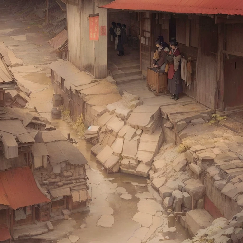 Painting of a man and woman in a village with a red awning, traditional japanese Concept Art, by Kamisaka Sekka, Beautiful artwork illustration, by Shimo, Final Fantasy Artwork Concept, Gwaiz, Highly detailed scenes, illustration Concept Art, Full color illustrations, opening scene, Jan J, Concept Art, Concept ArtBlazing flames, fire, crowd, throng, freezing, mother warming her baby.Scenery and Cityscape in the Early Meiji Era After the Meiji Restoration, Japan underwent rapid modernization and civilization. Consequently, many changes and reforms occurred. Below is a detailed explanation of the scenery, appearance of the poor, occupations, and cityscapes in the early Meiji period (1868 to the early 1880s). 2. Appearance of the Poor Life for the impoverished and lower classes remained harsh. In particular, in urban areas, people migrated from rural areas or unemployed artisans gathered, intensifying competition in the labor market. Many of them struggled with poverty, often residing in slums or around temples. 3. Occupations Meiji early Japan witnessed a diversification of occupations. Traditional agriculture and handicrafts were accompanied by the rise of modern industry and commerce. Particularly in urban areas, factory workers, shop clerks, and transporters increased, giving rise to new professions. However, many in these occupations endured harsh working conditions. 4. Influence of Civilization and Enlightenment During the Meiji era, Western cultural influences spread rapidly. Changes in clothing, dietary habits, and the proliferation of Western-style architecture advanced, especially in urban areas. Conversely, this development posed a threat to traditional culture and lifestyles, resulting in societal upheaval and adaptation challenges. 5. Social Change and Policy Influence While promoting modernization policies, the government also addressed poverty and social issues. Legislation for labor protection and charitable activities to aid the poor were implemented. Nevertheless, living conditions for the impoverished scarcely improved. The early Meiji period marked a rapid tra