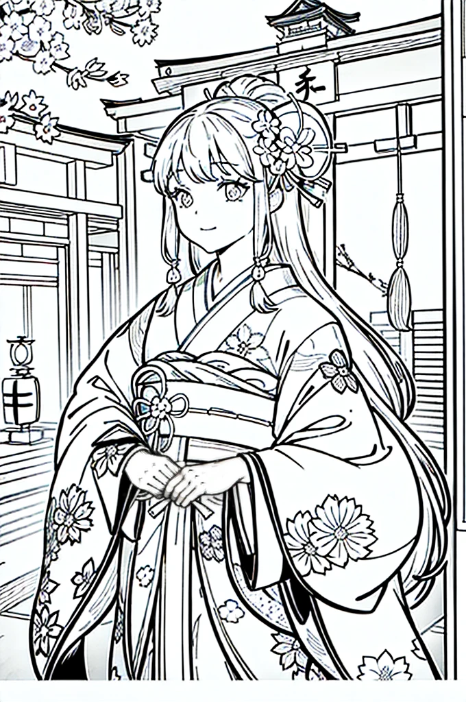 As a coloring book, the color should be black and white, the border should be simple, clear, and bold. (Beautiful Girl with long grey hair] wearing a [kimono with cherry blossom pattern] holding a [paper lantern] at the [Gion Matsuri festival] in Kyoto, Japan, with [sakura hair clips] 