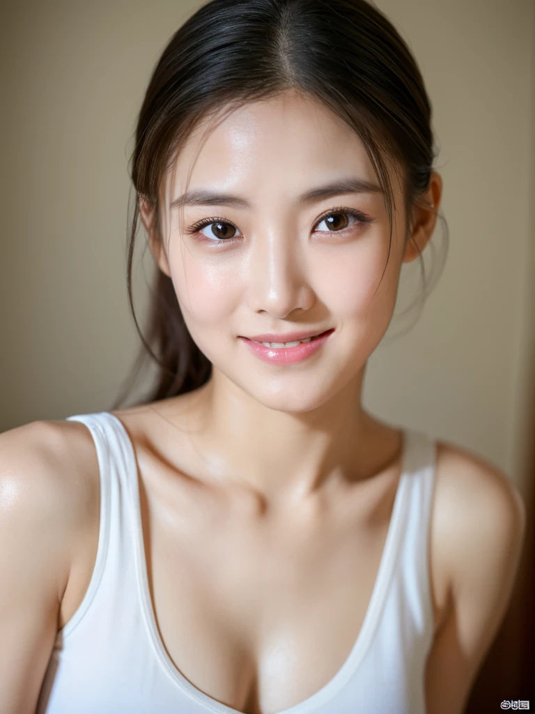whiteroom, 1 girl, look at the camera, smile, H~I cup, model's expression, Wide and double eyes, raised nose, moist eyes, firm parallel double from the inner corner of the eyes, drooping eyes, drooping eyebrows, stronger tear bags, wider mouth, drooping eyes, narrower eyebrows Her eyes are of normal thickness, her eyes are round, almost almond-shaped, and her overall impression is that she is gentle and doesn't seem to be easily pushed, Tank top, Shiny skin, Sweaty body, Dramatic lighting, Huge breath, (8K, 4K, Best Quality, High Definition, Ultra High Definition: 1.1), (Masterpiece, Realistic, Photorealistic: 1.1), #tarasuzuka24
