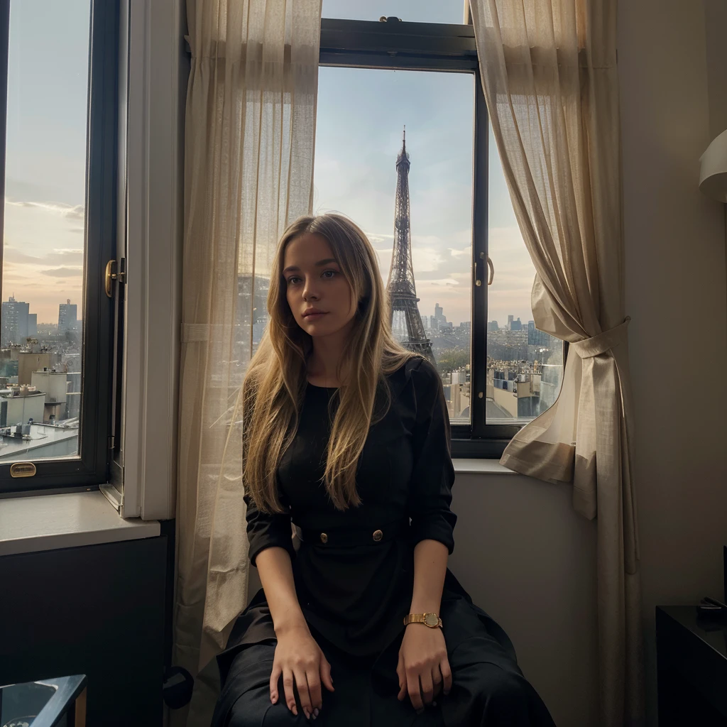 Photograph of a woman with long, straight blonde hair, sitting on a windowsill in a room with beige curtains. She is wearing a black dress and facing away from the camera, looking out at the illuminated Eiffel Tower in the evening. The window is divided into multiple panes by white frames, and a black handbag with a gold emblem is placed on the windowsill next to her. The sky is dark blue, indicating that it is nighttime, and the cityscape of Paris is visible in the background.