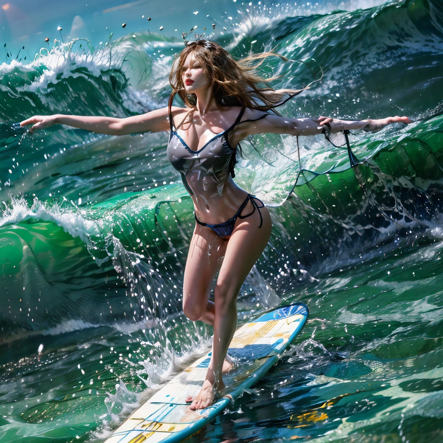 (ZoomedOut:1.28, Wide-shot) ZoomLayer (Epic photo of surfer magazine:1.37). (Full of Water, Everything Wetted:1.4) WetHair (extremely detailed Cute Girl)(SparklingHighlights:1.28), Dynamic Joyful Expressions LifeLike Rendering (ManoErina:1.0) . Overflowing Gigantic Sideboob (Clearly Visible Beautiful Breast to Buttocks Line) Tiny and Roundly Butt, Detailed wet clothing texture, (Sloppy Surfboard:-1.2) Riding on waves, Sparkling water, TyndallEffect(Starry Water Particles:1.32), Whole Body proportions and all limbs are anatomically accurate