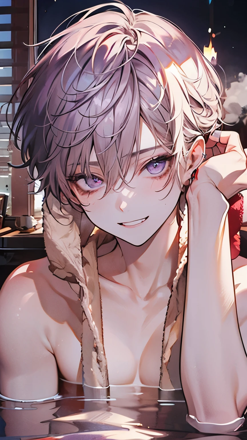 Beautiful young man,Beige hair, short hair, purple eyes, Wet hair, Wipe your hair with a towel, Top Naked, pecs, abs, After taking a bath, steam, sink,High quality, amount of drawing, pixiv illustration,cheeks are red,(A big smile with an open mouth),((arm up while spread legs (Concept):1.2)),LOVE,Good finger,Perfect finger.