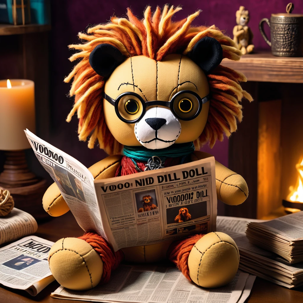 (knitted toy voodoo doll:1.7), (Voodoo Lion Reading Newspaper:1.3), (Clothing: casual outfit with magical mane patterns:1.0), (Accessories: enchanted newspaper, glowing reading glasses, mystical coffee mug:1.2), (background: cozy den with floating, glowing news headlines and soft rustling:1.2), best quality, masterpiece, detailed soft oil painting, detailed background, dramatic cinematic lighting, soft edge lighting, professional, dramatic lighting, hard edge lighting, ultra quality, 4k, masterpiece, best quality, 8k, ultra high definition, high resolution, extremely detailed
