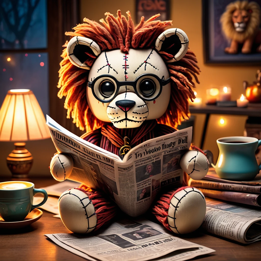 (knitted toy voodoo doll:1.7), (Voodoo Lion Reading Newspaper:1.3), (Clothing: casual outfit with magical mane patterns:1.0), (Accessories: enchanted newspaper, glowing reading glasses, mystical coffee mug:1.2), (background: cozy den with floating, glowing news headlines and soft rustling:1.2), best quality, masterpiece, detailed soft oil painting, detailed background, dramatic cinematic lighting, soft edge lighting, professional, dramatic lighting, hard edge lighting, ultra quality, 4k, masterpiece, best quality, 8k, ultra high definition, high resolution, extremely detailed