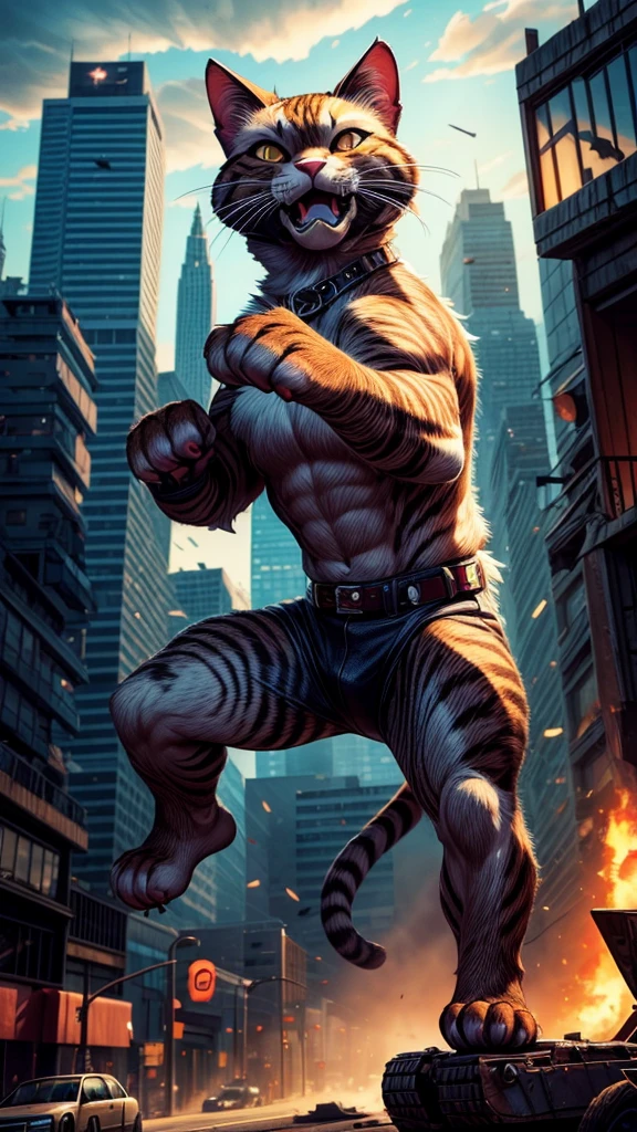 a huge cat jumping from rooftop, grabbing a helicopter, beautiful detailed eyes, beautiful detailed lips, extremely detailed eyes and face, long eyelashes, cinematic composition, dramatic shattering of glass, dramatic action scene, dynamic motion blur, high contrast lighting, intense colors, vibrant colors, hyper-realistic, award winning photography, 8k, best quality, masterpiece