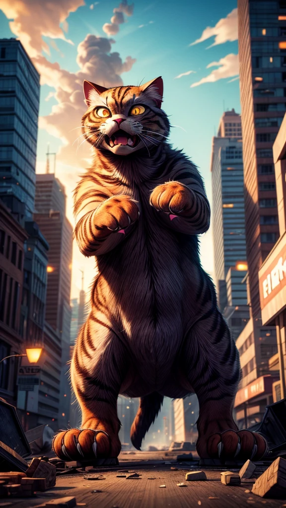 dramatic huge angry cat, destroying buildings and tanks, city street, highly detailed, photorealistic, 8k, hyperrealistic, volumetric lighting, cinematic, dramatic composition, vibrant colors, chiaroscuro lighting, muscular feline anatomy, fierce expression, powerful paws, sharp claws, dynamic pose, destruction, crumbling architecture, smashed vehicles, urban setting, cloudy sky, wide angle, hyper-detailed rendering, masterpiece