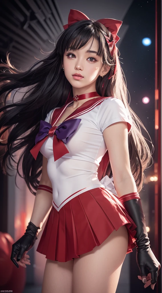 ((HD Real, Same 1 level)), Extremely realistic, masterpiece, Highest quality, High resolution, Same 1, space, Stunning beauty, Upper Body Shot, 1 girl, chest, gloves, lips, alone, Sailor Mars, Purple eyes, uniform, Show more1, tiara, sailor warrior uniform, (RAW Photos, Highest quality), masterpiece, 浮かぶ長いBlack Hair, Red Sailor Collar, bow, choker, 白いgloves, red choker, 肘用gloves, jewelry, Earrings, Red Skirt, only, whole body, Black Hair, (Perfect hands): 3.8, Octane Rendering, Goddess of Fire, (close: 1.2) In detail, Beautiful Eyes, close, Small eyes, Show Viewer, to8 contrast style, Octane line drawing, space background, Mars, There's flames all around her, Red Flame, Intense gaze, Clear Eyes, Hands down