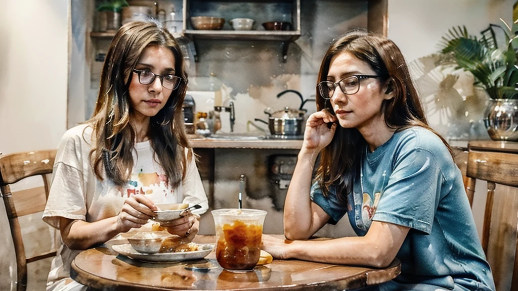 watercolor, A woman around 35 years old, with medium-length hair, wearing a t-shirt and jeans, no glasses, is sitting across from a 20-year-old woman with medium-length hair, wearing a long dress, wear Glasses. They are at a Chinese congee shop, each eating a bowl of congee, and engaged in a deep conversation.