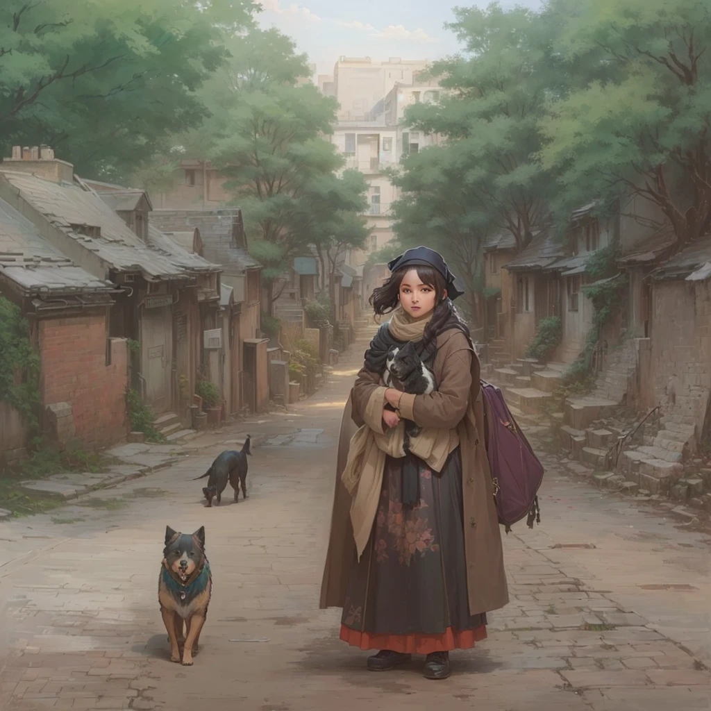 A woman with a dog is standing in the street, The ancient street behind her, Gwaiz, artwork in the style of Gwaiz, Created by Anime Painter Studio, The forested street behind her, Painted in an anime artist's studio, Beautiful artwork illustration, Concept Art Digital Illustration, by Kamisaka Sekka, Digital painting concept art Blazing flames, fire, crowd, throng, freezing, mother warming her baby.Scenery and Cityscape in the Early Meiji Era After the Meiji Restoration, Japan underwent rapid modernization and civilization. Consequently, many changes and reforms occurred. Below is a detailed explanation of the scenery, appearance of the poor, occupations, and cityscapes in the early Meiji period (1868 to the early 1880s). 2. Appearance of the Poor Life for the impoverished and lower classes remained harsh. In particular, in urban areas, people migrated from rural areas or unemployed artisans gathered, intensifying competition in the labor market. Many of them struggled with poverty, often residing in slums or around temples. 3. Occupations Meiji early Japan witnessed a diversification of occupations. Traditional agriculture and handicrafts were accompanied by the rise of modern industry and commerce. Particularly in urban areas, factory workers, shop clerks, and transporters increased, giving rise to new professions. However, many in these occupations endured harsh working conditions. 4. Influence of Civilization and Enlightenment During the Meiji era, Western cultural influences spread rapidly. Changes in clothing, dietary habits, and the proliferation of Western-style architecture advanced, especially in urban areas. Conversely, this development posed a threat to traditional culture and lifestyles, resulting in societal upheaval and adaptation challenges. 5. Social Change and Policy Influence While promoting modernization policies, the government also addressed poverty and social issues. Legislation for labor protection and charitable activities to aid the poor were implemented. Nevertheless, living conditions for the impoverished scarcely improved. The early Meiji period marked a rapid transformat