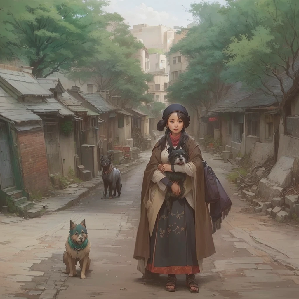 A woman with a dog is standing in the street, The ancient street behind her, Gwaiz, artwork in the style of Gwaiz, Created by Anime Painter Studio, The forested street behind her, Painted in an anime artist's studio, Beautiful artwork illustration, Concept Art Digital Illustration, by Kamisaka Sekka, Digital painting concept art Blazing flames, fire, crowd, throng, freezing, mother warming her baby.Scenery and Cityscape in the Early Meiji Era After the Meiji Restoration, Japan underwent rapid modernization and civilization. Consequently, many changes and reforms occurred. Below is a detailed explanation of the scenery, appearance of the poor, occupations, and cityscapes in the early Meiji period (1868 to the early 1880s). 2. Appearance of the Poor Life for the impoverished and lower classes remained harsh. In particular, in urban areas, people migrated from rural areas or unemployed artisans gathered, intensifying competition in the labor market. Many of them struggled with poverty, often residing in slums or around temples. 3. Occupations Meiji early Japan witnessed a diversification of occupations. Traditional agriculture and handicrafts were accompanied by the rise of modern industry and commerce. Particularly in urban areas, factory workers, shop clerks, and transporters increased, giving rise to new professions. However, many in these occupations endured harsh working conditions. 4. Influence of Civilization and Enlightenment During the Meiji era, Western cultural influences spread rapidly. Changes in clothing, dietary habits, and the proliferation of Western-style architecture advanced, especially in urban areas. Conversely, this development posed a threat to traditional culture and lifestyles, resulting in societal upheaval and adaptation challenges. 5. Social Change and Policy Influence While promoting modernization policies, the government also addressed poverty and social issues. Legislation for labor protection and charitable activities to aid the poor were implemented. Nevertheless, living conditions for the impoverished scarcely improved. The early Meiji period marked a rapid transformat