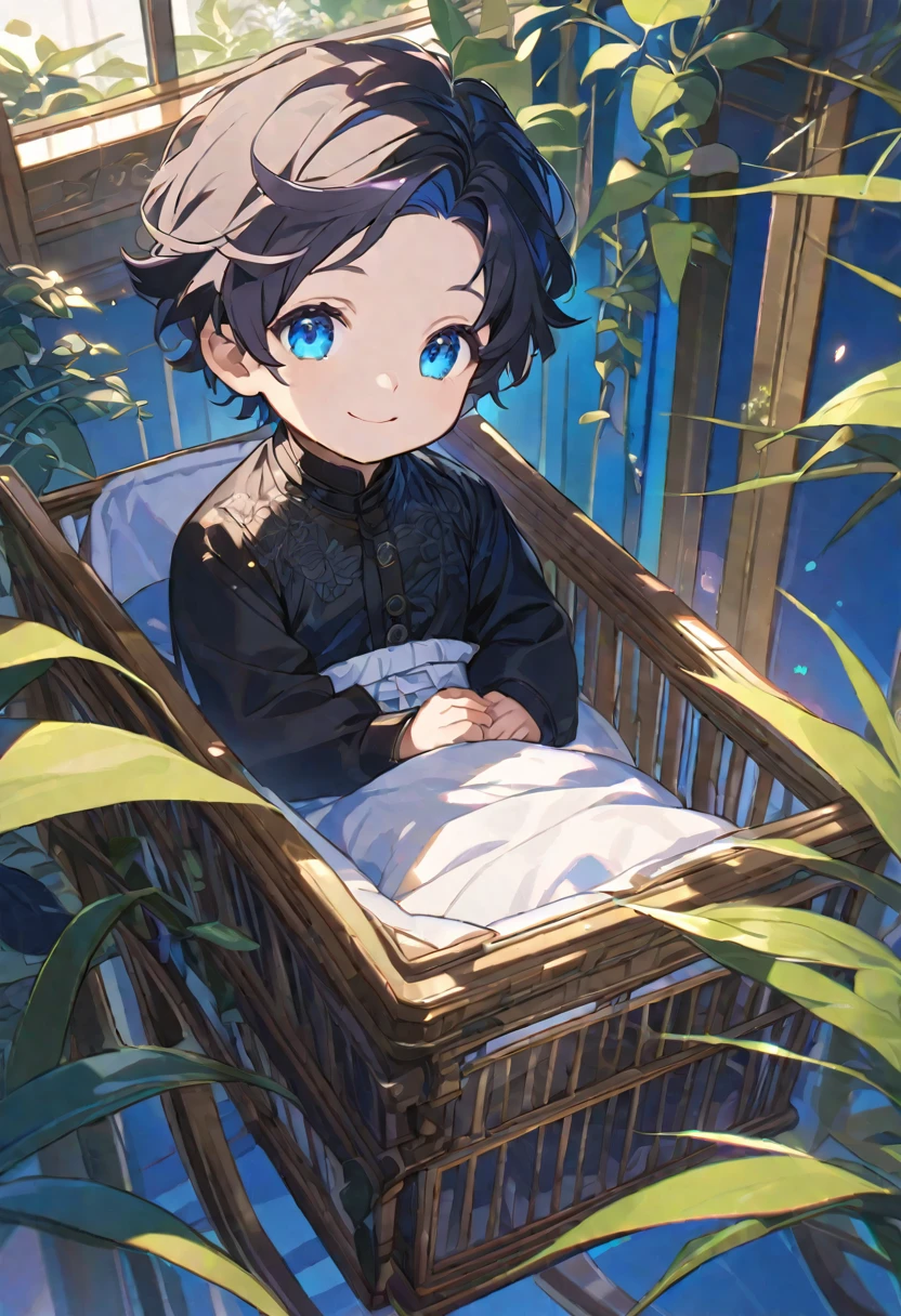 alone, elegant, baby boy, , short hair, black fur, blue eyes, detailed, cradle, plant view, smiling