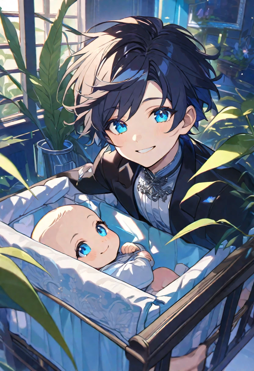 alone, elegant, baby boy, , short hair, black fur, blue eyes, detailed, cradle, plant view, smiling
