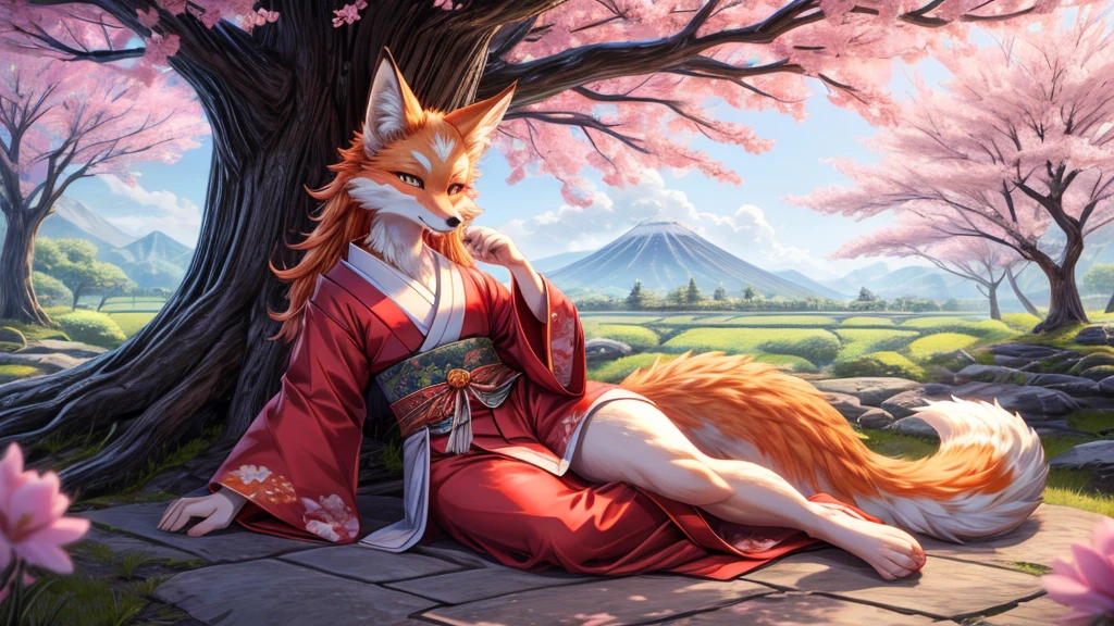 Beautiful Japanese landscape, High Definition, beautiful japanese kitsune, finely detailed, cunning bitch, fox face elongated snout add_detail,in the spring hanami add_detail:1 mistycal aura,