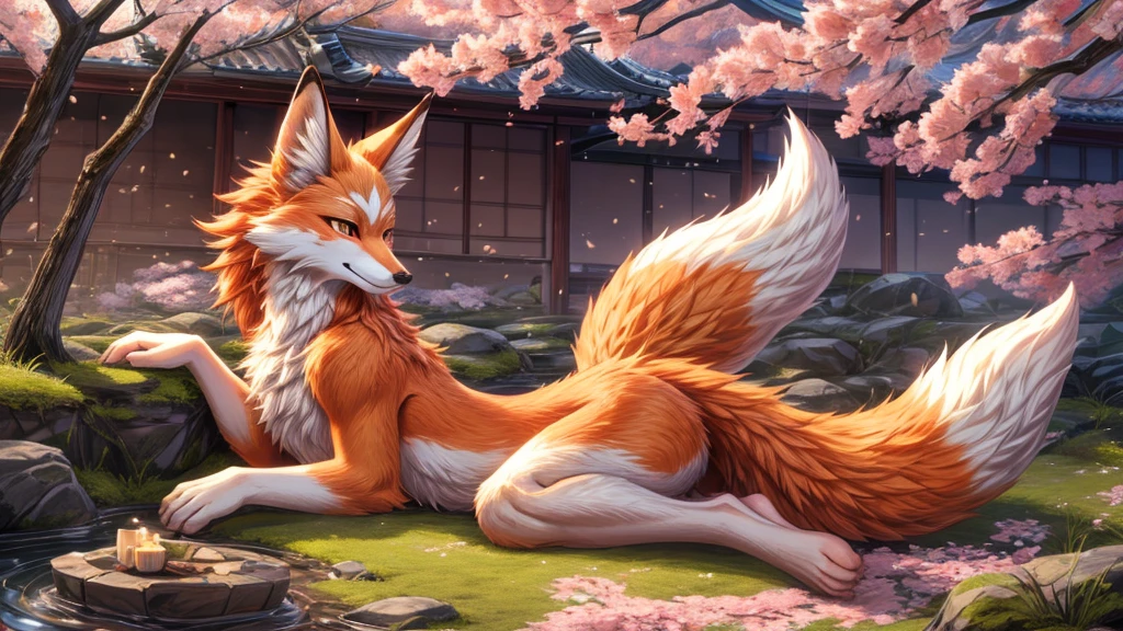 Beautiful Japanese landscape, High Definition, beautiful japanese kitsune, finely detailed, cunning bitch, fox face elongated snout add_detail,in the spring hanami add_detail:1 mistycal aura,