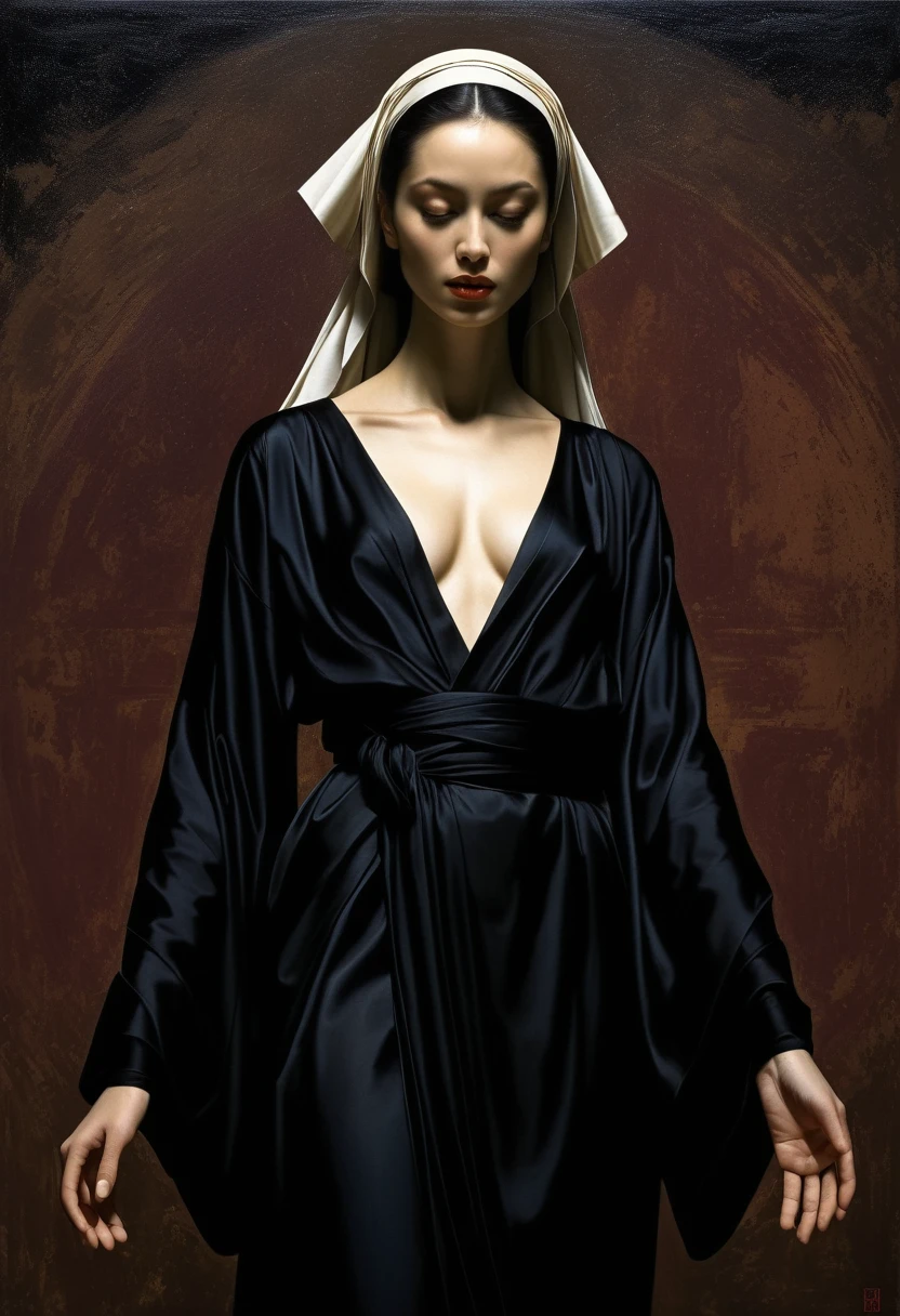 (((Iconic Lady in darkness sunny colors but extremely beautiful))) (((masterpiece,religious, minimalist,mysterious hyperrealistic))) (((Monochrome solid colors))) (((Gorgeous,sophisticated))) (((by Michael Curtiz style,by caravaggio style))),digital artwork by Beksinski,Zhao Liying,Liu Shishi
