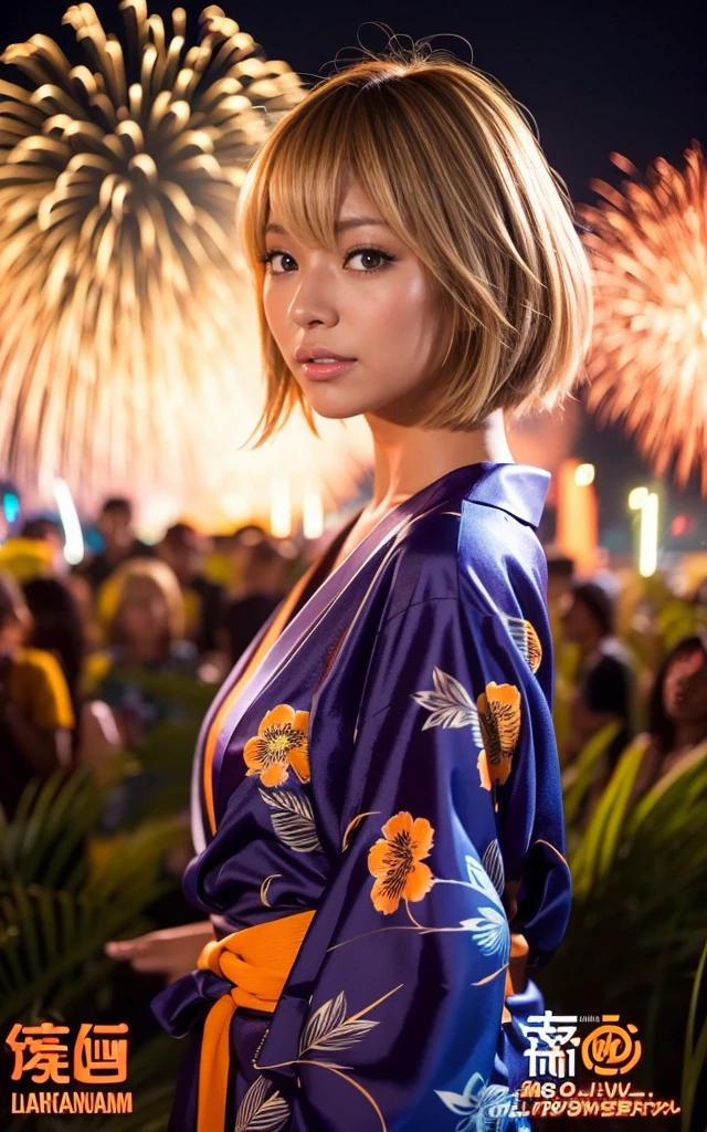 gyaru, dark-skinned, shiny oiled skin, blond hair, short cut hair, wearing vivid yukata, standing in crowd, dark-night, deep fog, orange lanthanum light, Fireworks Festival Venue, Fireworks in the background, cinematic lighting, from side