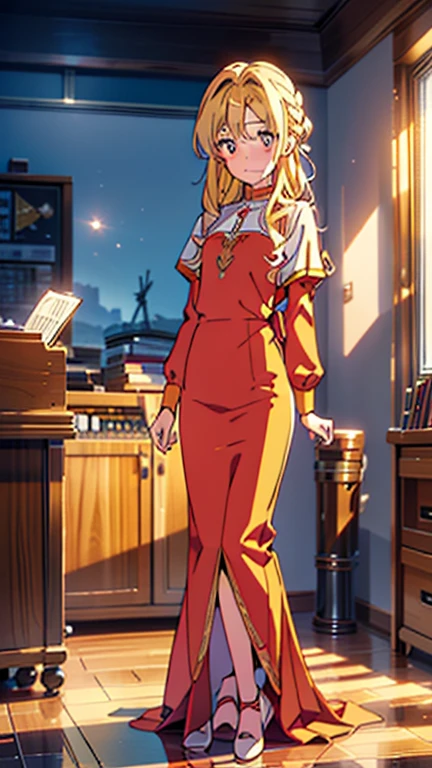highly detailed, 8K, masterpiece, best quality, cold expressions, no expressions, pretty teenager girl, plain skin, red eyes, eye highlight, ((blonde hair)), gold hair, long hair, curly hair, parade outfit, thin, ((full body scene)), ((full body)), ((full body angle)), pretty girl, (small-breasts:0.5), ((small chest)), standing, music studio background, music studio scenario, (Ultra High Resolution: 1.2), (RAW Photo: 1.2)