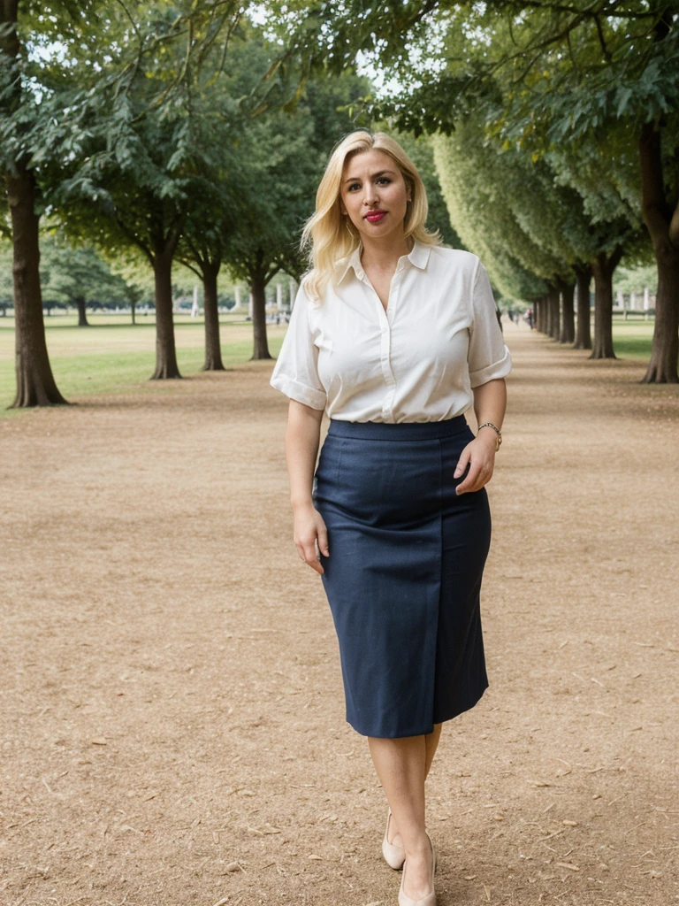 Xyrele, 1girl, solo, 30 years old, (((French face))), (((French nose))), (((French lips))), ((((chubby)))), (((wide hips))), (((blonde hair))), crinkly medium hair, wearing stylish palette trend modern wear and skirt, ((Background: Hyde Park in United Kingdom)), ((upper body and upper legs))