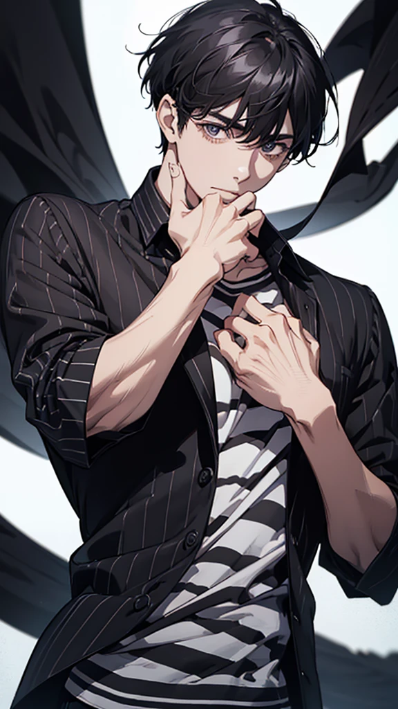 Man, young man, black hair, dark circles under the eyes, black and white striped shirt, thin body, short bangs, black ring on the middle finger of his right hand