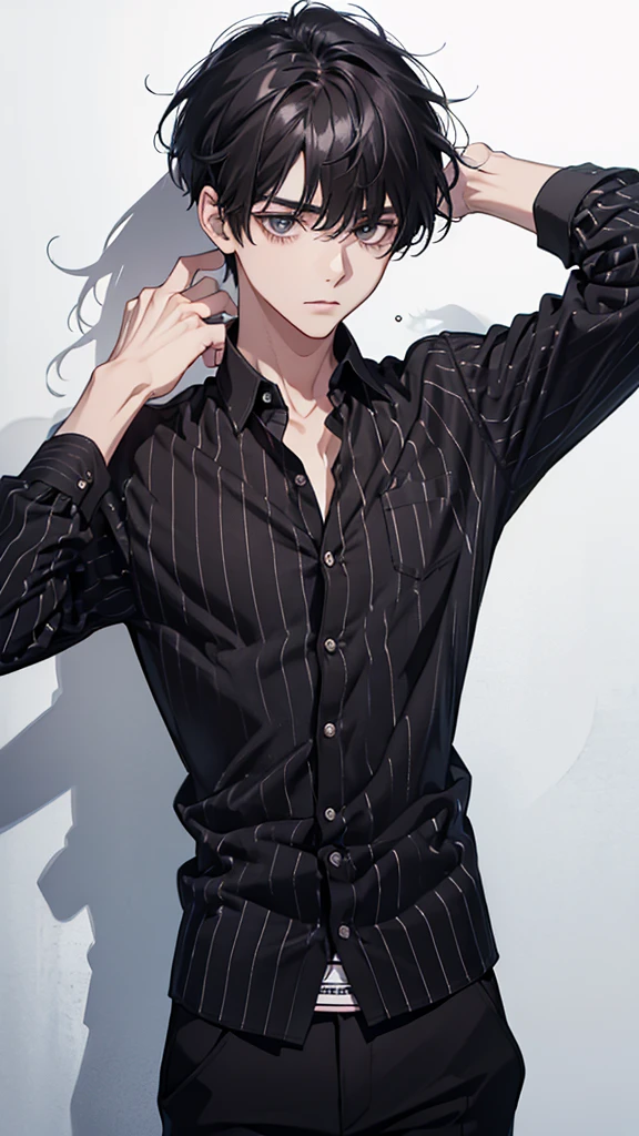 Man, young man, black hair, dark circles under the eyes, black and white striped shirt, thin body, short bangs, black ring on the middle finger of his right hand
