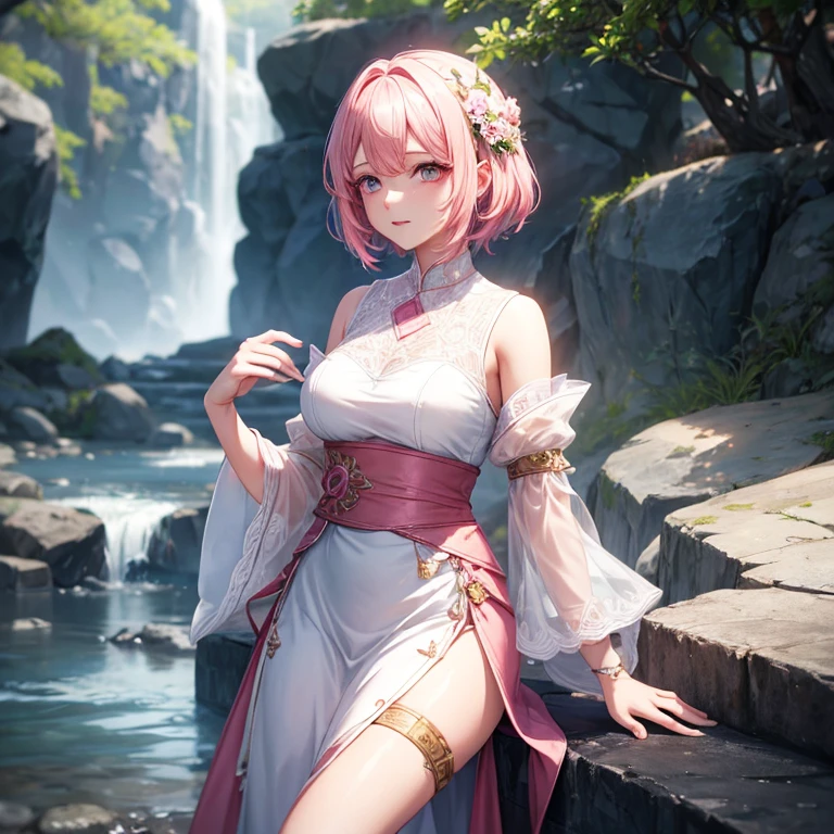 Alkanevi, One wearing a white dress、Lady with short and medium pink hair, female face, Unreal Engine Character Art, portrait