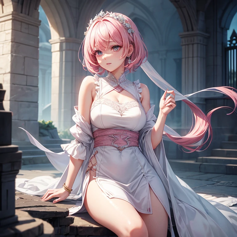 Alkanevi, One wearing a white dress、Lady with short and medium pink hair, female face, Unreal Engine Character Art, portrait