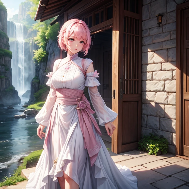 Alkanevi, One wearing a white dress、Lady with short and medium pink hair, female face, Unreal Engine Character Art, portrait