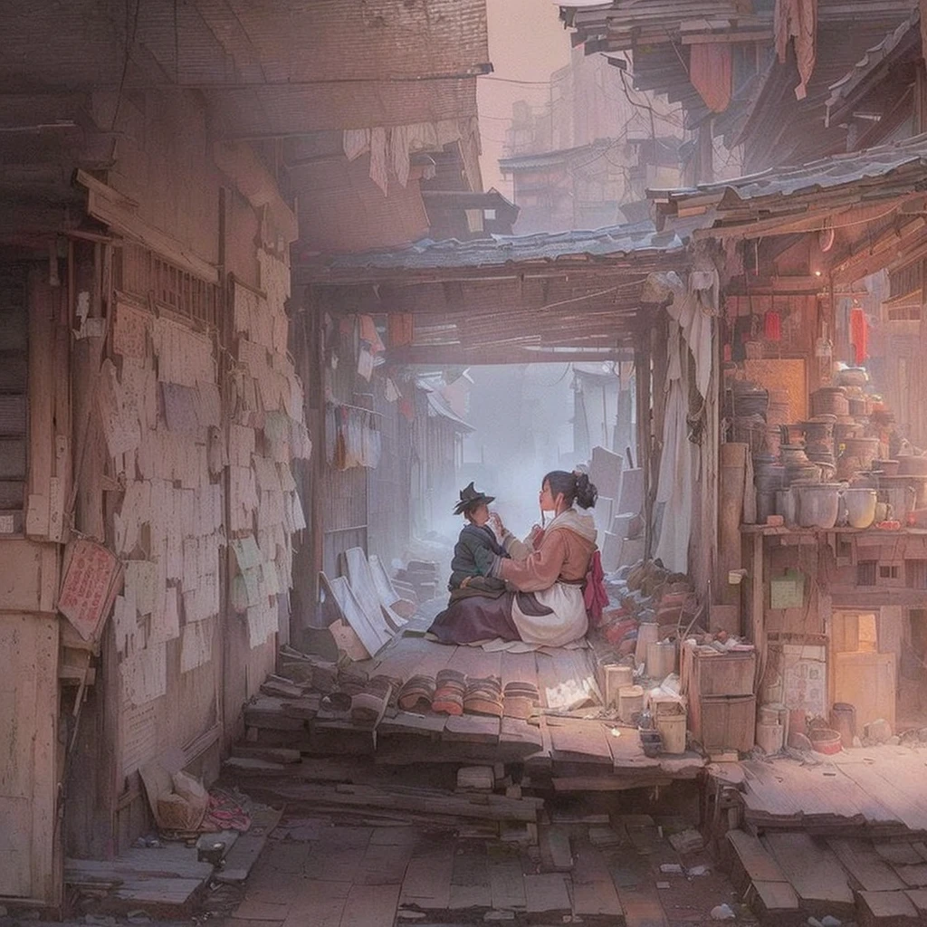 A painting of a woman sitting on a bed with a cat, Inspired by Charles Conder, Inspired by Vasily Surikov, Inspired by Everett Shinn, Inspired by Carl Spitzweg, Inspired by Adrian Brower, Inspired by Katya Ceauseseva, Inspired by George Hendrik Breitner, Blazing flames inspired by Vasily Polenov, fire, crowd, throng, freezing, mother warming her baby.Scenery and Cityscape in the Early Meiji Era After the Meiji Restoration, Japan underwent rapid modernization and civilization. Consequently, many changes and reforms occurred. Below is a detailed explanation of the scenery, appearance of the poor, occupations, and cityscapes in the early Meiji period (1868 to the early 1880s). 2. Appearance of the Poor Life for the impoverished and lower classes remained harsh. In particular, in urban areas, people migrated from rural areas or unemployed artisans gathered, intensifying competition in the labor market. Many of them struggled with poverty, often residing in slums or around temples. 3. Occupations Meiji early Japan witnessed a diversification of occupations. Traditional agriculture and handicrafts were accompanied by the rise of modern industry and commerce. Particularly in urban areas, factory workers, shop clerks, and transporters increased, giving rise to new professions. However, many in these occupations endured harsh working conditions. 4. Influence of Civilization and Enlightenment During the Meiji era, Western cultural influences spread rapidly. Changes in clothing, dietary habits, and the proliferation of Western-style architecture advanced, especially in urban areas. Conversely, this development posed a threat to traditional culture and lifestyles, resulting in societal upheaval and adaptation challenges. 5. Social Change and Policy Influence While promoting modernization policies, the government also addressed poverty and social issues. Legislation for labor protection and charitable activities to aid the poor were implemented. Nevertheless, living conditions for the impoverished scarcely improved. The early Meiji period marked a rapid transformation in