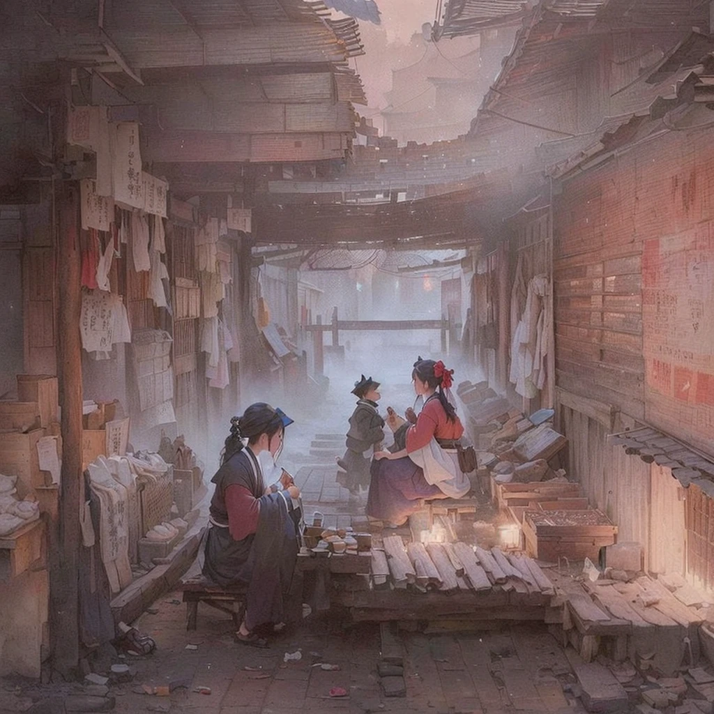 A painting of a woman sitting on a bed with a cat, Inspired by Charles Conder, Inspired by Vasily Surikov, Inspired by Everett Shinn, Inspired by Carl Spitzweg, Inspired by Adrian Brower, Inspired by Katya Ceauseseva, Inspired by George Hendrik Breitner, Blazing flames inspired by Vasily Polenov, fire, crowd, throng, freezing, mother warming her baby.Scenery and Cityscape in the Early Meiji Era After the Meiji Restoration, Japan underwent rapid modernization and civilization. Consequently, many changes and reforms occurred. Below is a detailed explanation of the scenery, appearance of the poor, occupations, and cityscapes in the early Meiji period (1868 to the early 1880s). 2. Appearance of the Poor Life for the impoverished and lower classes remained harsh. In particular, in urban areas, people migrated from rural areas or unemployed artisans gathered, intensifying competition in the labor market. Many of them struggled with poverty, often residing in slums or around temples. 3. Occupations Meiji early Japan witnessed a diversification of occupations. Traditional agriculture and handicrafts were accompanied by the rise of modern industry and commerce. Particularly in urban areas, factory workers, shop clerks, and transporters increased, giving rise to new professions. However, many in these occupations endured harsh working conditions. 4. Influence of Civilization and Enlightenment During the Meiji era, Western cultural influences spread rapidly. Changes in clothing, dietary habits, and the proliferation of Western-style architecture advanced, especially in urban areas. Conversely, this development posed a threat to traditional culture and lifestyles, resulting in societal upheaval and adaptation challenges. 5. Social Change and Policy Influence While promoting modernization policies, the government also addressed poverty and social issues. Legislation for labor protection and charitable activities to aid the poor were implemented. Nevertheless, living conditions for the impoverished scarcely improved. The early Meiji period marked a rapid transformation in 