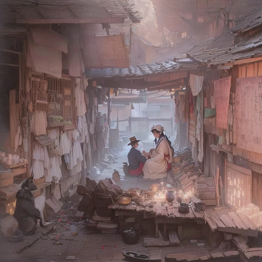 A painting of a woman sitting on a bed with a cat, Inspired by Charles Conder, Inspired by Vasily Surikov, Inspired by Everett Shinn, Inspired by Carl Spitzweg, Inspired by Adrian Brower, Inspired by Katya Ceauseseva, Inspired by George Hendrik Breitner, Blazing flames inspired by Vasily Polenov, fire, crowd, throng, freezing, mother warming her baby.Scenery and Cityscape in the Early Meiji Era After the Meiji Restoration, Japan underwent rapid modernization and civilization. Consequently, many changes and reforms occurred. Below is a detailed explanation of the scenery, appearance of the poor, occupations, and cityscapes in the early Meiji period (1868 to the early 1880s). 2. Appearance of the Poor Life for the impoverished and lower classes remained harsh. In particular, in urban areas, people migrated from rural areas or unemployed artisans gathered, intensifying competition in the labor market. Many of them struggled with poverty, often residing in slums or around temples. 3. Occupations Meiji early Japan witnessed a diversification of occupations. Traditional agriculture and handicrafts were accompanied by the rise of modern industry and commerce. Particularly in urban areas, factory workers, shop clerks, and transporters increased, giving rise to new professions. However, many in these occupations endured harsh working conditions. 4. Influence of Civilization and Enlightenment During the Meiji era, Western cultural influences spread rapidly. Changes in clothing, dietary habits, and the proliferation of Western-style architecture advanced, especially in urban areas. Conversely, this development posed a threat to traditional culture and lifestyles, resulting in societal upheaval and adaptation challenges. 5. Social Change and Policy Influence While promoting modernization policies, the government also addressed poverty and social issues. Legislation for labor protection and charitable activities to aid the poor were implemented. Nevertheless, living conditions for the impoverished scarcely improved. The early Meiji period marked a rapid transformation in 