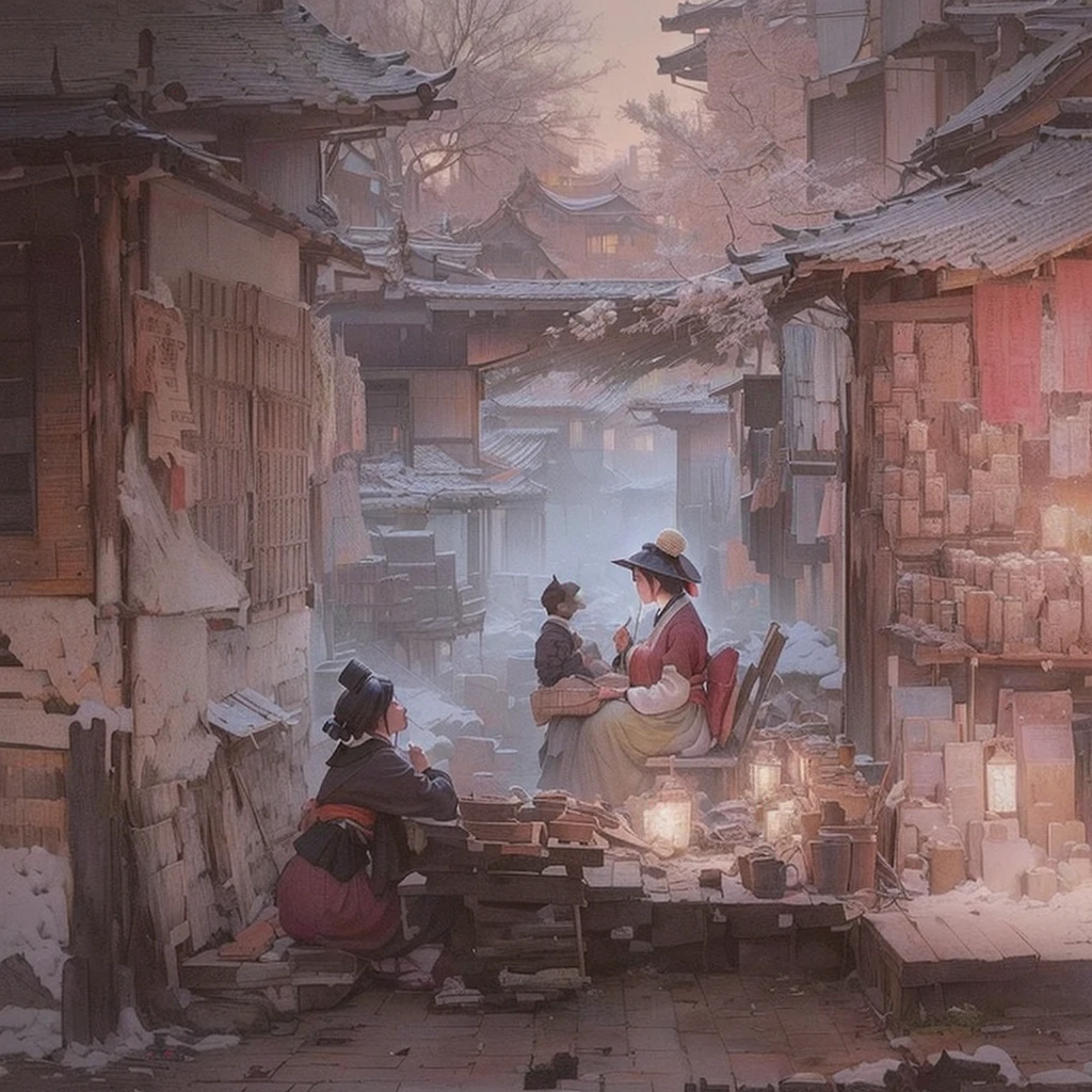 A painting of a woman sitting on a bed with a cat, Inspired by Charles Conder, Inspired by Vasily Surikov, Inspired by Everett Shinn, Inspired by Carl Spitzweg, Inspired by Adrian Brower, Inspired by Katya Ceauseseva, Inspired by George Hendrik Breitner, Blazing flames inspired by Vasily Polenov, fire, crowd, throng, freezing, mother warming her baby.Scenery and Cityscape in the Early Meiji Era After the Meiji Restoration, Japan underwent rapid modernization and civilization. Consequently, many changes and reforms occurred. Below is a detailed explanation of the scenery, appearance of the poor, occupations, and cityscapes in the early Meiji period (1868 to the early 1880s). 2. Appearance of the Poor Life for the impoverished and lower classes remained harsh. In particular, in urban areas, people migrated from rural areas or unemployed artisans gathered, intensifying competition in the labor market. Many of them struggled with poverty, often residing in slums or around temples. 3. Occupations Meiji early Japan witnessed a diversification of occupations. Traditional agriculture and handicrafts were accompanied by the rise of modern industry and commerce. Particularly in urban areas, factory workers, shop clerks, and transporters increased, giving rise to new professions. However, many in these occupations endured harsh working conditions. 4. Influence of Civilization and Enlightenment During the Meiji era, Western cultural influences spread rapidly. Changes in clothing, dietary habits, and the proliferation of Western-style architecture advanced, especially in urban areas. Conversely, this development posed a threat to traditional culture and lifestyles, resulting in societal upheaval and adaptation challenges. 5. Social Change and Policy Influence While promoting modernization policies, the government also addressed poverty and social issues. Legislation for labor protection and charitable activities to aid the poor were implemented. Nevertheless, living conditions for the impoverished scarcely improved. The early Meiji period marked a rapid transformation in 