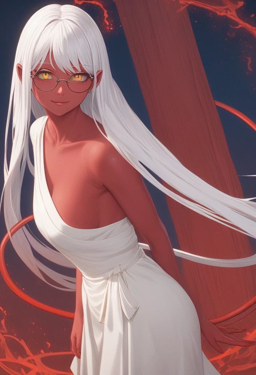 detailed illustration, (front view), (side view),dynamic angle, ultra-detailed, illustration, clean line art, shading, anime, detailed eyes, detailed face, beautiful face, dramatic lighting, detailed illustration, dynamic angle, ultra-detailed, illustration, (single woman: 1.8), masterpiece, masterwork, beautiful, (1 woman:1.8),
Succubus woman, demon, mature face, timid, (red skin: 2.0), big round wire frame glasses, long demon tail, pointy red ears, yellow cat eyes, long white hair, nervous smile, showing off ass, rail thin, malnourished, standing in middle of summoning circle, wearing a sack cloth, lithe, A Cups, flat ass,