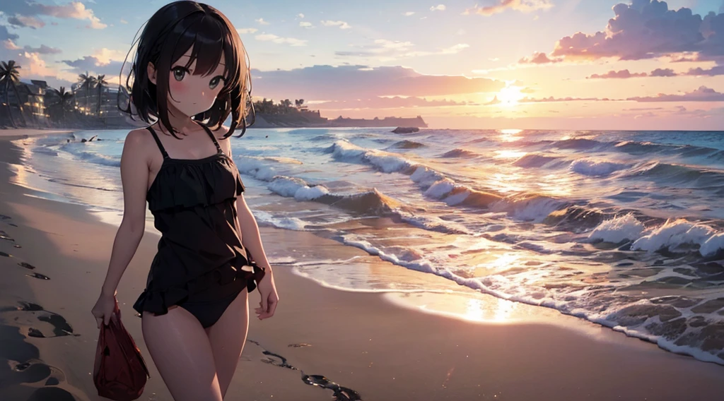 summer vacation, sandy beach, beach, girl in swimsuit, sunset, sun falling, walking, waiting for love, sad love, pale love, memories,