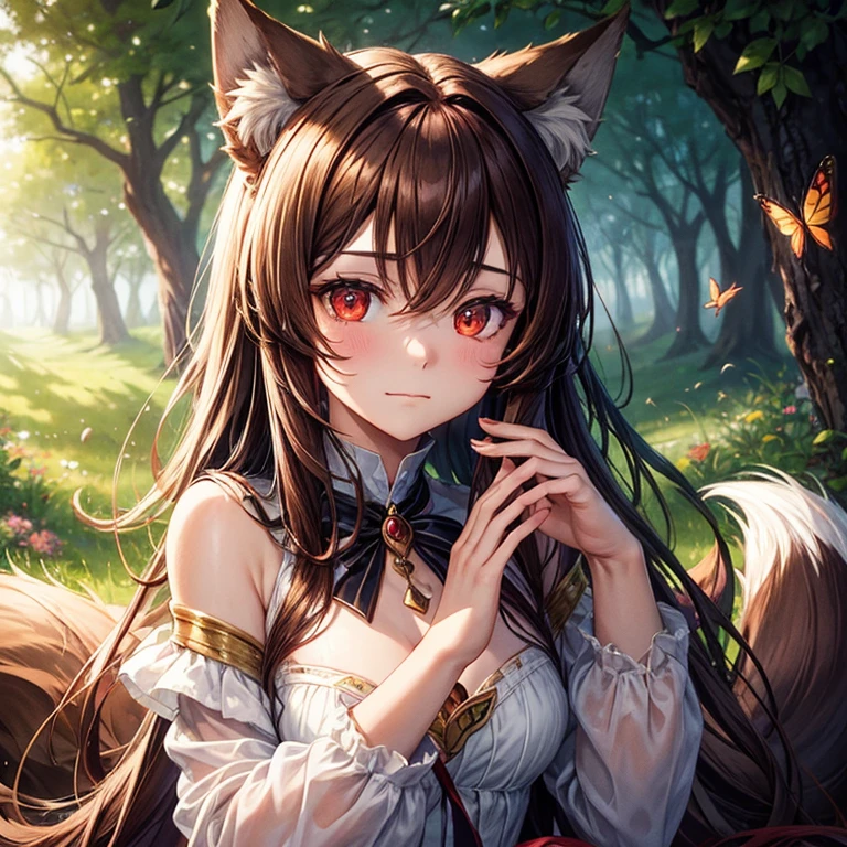 masterpiece,best quality, 1 girl, alone, A faint smile, A faint smile, cherry, Dappled sunlight, Butterfly, grass animal ears,Wolf ears,long hair, Tail, wolf Tail, Red eyes, Wolf Girl,brown hair,,  