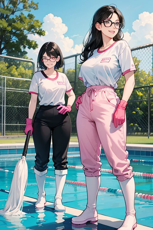 Two mature women with black hair and glasses, wearing short sleeves, long pants and gym clothes, wearing large pink rubber gloves and white rubber boots, smiling as they clean the school pool.