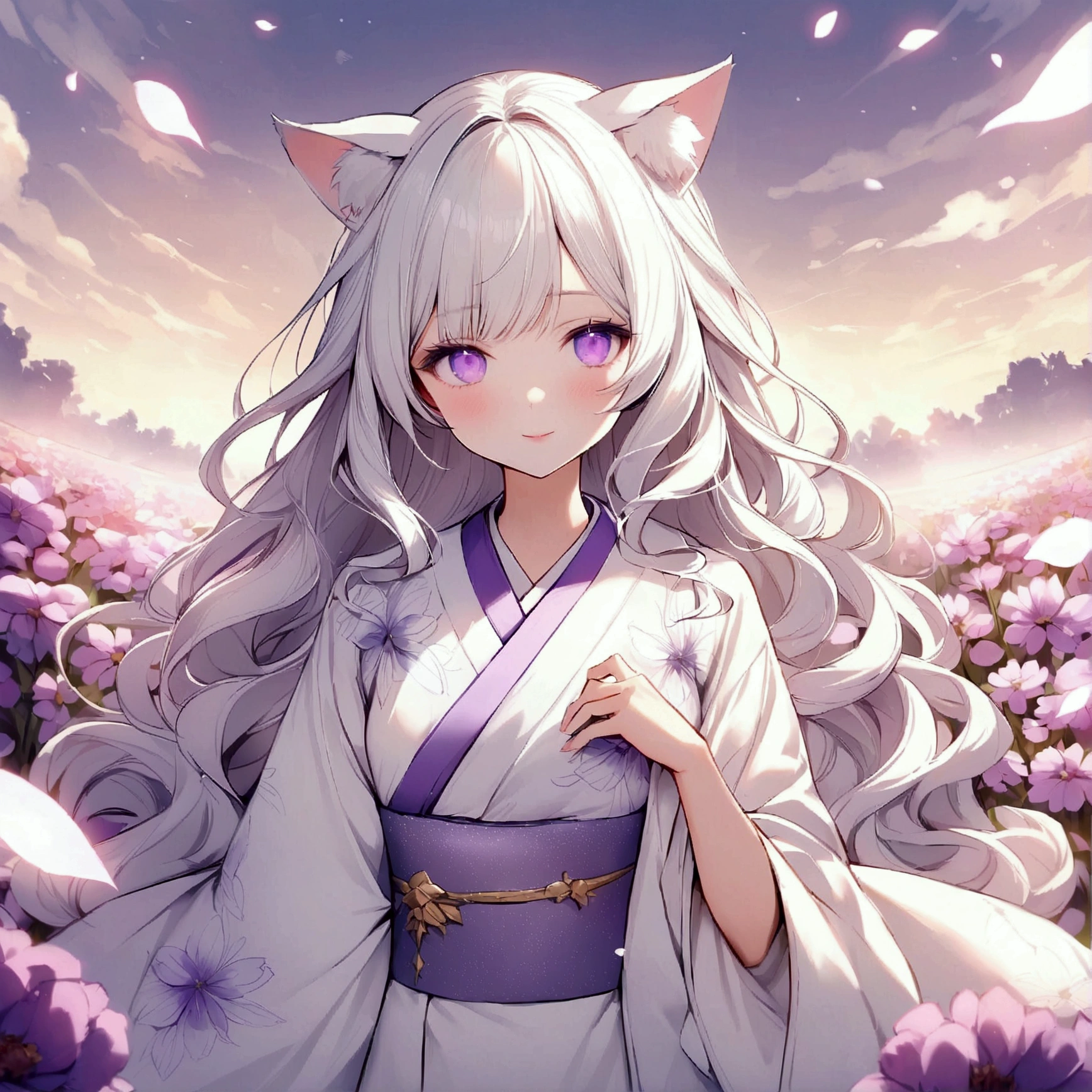Wink,Long Wavy Hair,White hair is very attractive, Detailed and precise manual work, Attractive girl, White cat ears,Purple eyes and white eyelashes,light in your eyes,Angel&#39;s wing,Great light,A subject that stands out in a flower field, Petals flutter,A delicate white kimono with purple floral patterns, Hand-drawn illustration