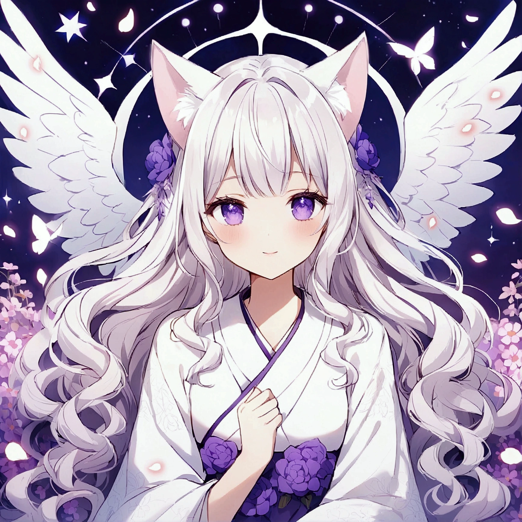 Wink,Long Wavy Hair,White hair is very attractive, Detailed and precise manual work, Attractive girl, White cat ears,Purple eyes and white eyelashes,light in your eyes,Angel's wing,Great light,A subject that stands out in a flower field, Petals flutter,A delicate white kimono with purple floral patterns, Hand-drawn illustration