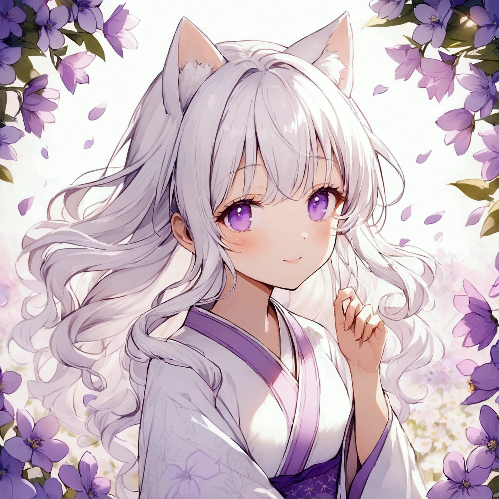 Wink,Long Wavy Hair,White hair is very attractive, Detailed and precise manual work, Attractive girl, White cat ears,Purple eyes and white eyelashes,light in your eyes,Angel's wing,Great light,A subject that stands out in a flower field, Petals flutter,A delicate white kimono with purple floral patterns, Hand-drawn illustration
