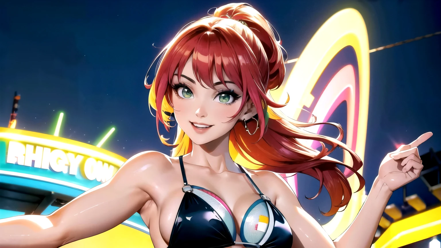 ((best qualityer)), ((work of art)), (detailded), 1 girl, ombro to ombro sweater, アニメ, Neon blue 2-piece bikini, earbuds,night beach ,dancing,smiling,(best qualityer:1.2),(Ultra-detailded:1.2),(realisitic:1.37),HDR,bright coloured,portraits,headphone girl,energetic pose,colored lights,happy expression ,estilo アニメ, atmosphere,technological music,Electronic Dance Music,beach festival vibes,hip hop beats,festival outfit,expressive eyes,long hairstyle with vibrant green and red hair, gold eyes, elaborate makeup neon lights,beaming smile,positive vibes,high energy performance,stylized backgrounds,colorful visuals,excitement in the air, retrato de meio corpo, leaning forward