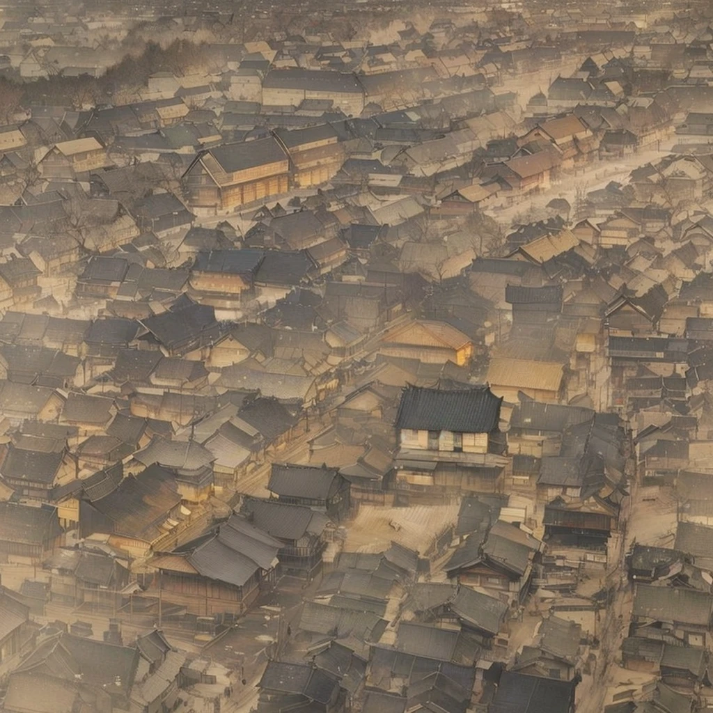 Here is a picture of a city with many buildings., Realistic photos of the town, Juo Shin E, by Li Zai, bo xun ling, inspired Zhang Kejun, A vast, detailed, hierarchical city, Chinese Village, Zhang Kejun, Wang Hui, By Chen Jill, Realistic painting of complex objects, Blazing flames, fire, crowd, throng, freezing, mother warming her baby.Scenery and Cityscape in the Early Meiji Era After the Meiji Restoration, Japan underwent rapid modernization and civilization. Consequently, many changes and reforms occurred. Below is a detailed explanation of the scenery, appearance of the poor, occupations, and cityscapes in the early Meiji period (1868 to the early 1880s). 2. Appearance of the Poor Life for the impoverished and lower classes remained harsh. In particular, in urban areas, people migrated from rural areas or unemployed artisans gathered, intensifying competition in the labor market. Many of them struggled with poverty, often residing in slums or around temples. 3. Occupations Meiji early Japan witnessed a diversification of occupations. Traditional agriculture and handicrafts were accompanied by the rise of modern industry and commerce. Particularly in urban areas, factory workers, shop clerks, and transporters increased, giving rise to new professions. However, many in these occupations endured harsh working conditions. 4. Influence of Civilization and Enlightenment During the Meiji era, Western cultural influences spread rapidly. Changes in clothing, dietary habits, and the proliferation of Western-style architecture advanced, especially in urban areas. Conversely, this development posed a threat to traditional culture and lifestyles, resulting in societal upheaval and adaptation challenges. 5. Social Change and Policy Influence While promoting modernization policies, the government also addressed poverty and social issues. Legislation for labor protection and charitable activities to aid the poor were implemented. Nevertheless, living conditions for the impoverished scarcely improved. The early Meiji period marked a rapid transformation in Japan, with complex social landscapes involving challenges fac