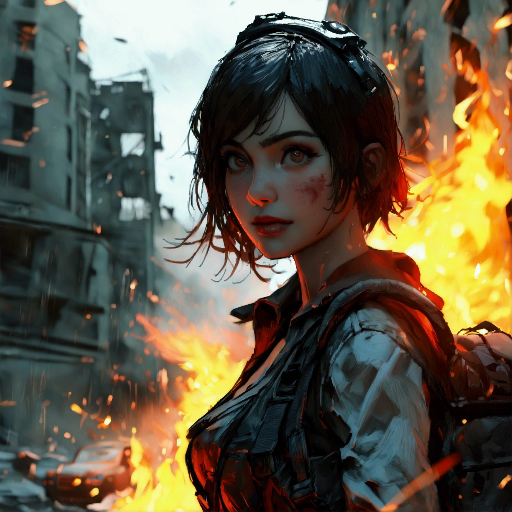 Inspired by the game "Killing Floor" Female survivor, Loadout, dark, That's horrible, Very detailed, London in ruins, 残りfire, fire, dynamic, (8k, Highest quality, masterpiece: 1.2)