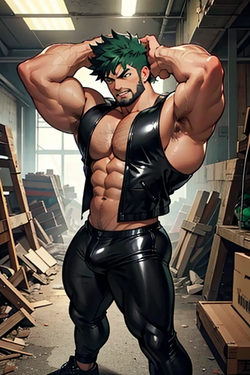 Midoriya from My Hero Academia as a hyper muscular hairy brainwashed corrupt thug standing in line with other brainwashed thugs in an abandoned warehouse wearing identical full body black shiny rubber latex pants and vests staring blankly ahead with vapid expression at a computer screen displaying a hypnotic spiral while they are all restrained in an abandoned warehouse being brainwashed. Repeating mantras over and over again to turn Midoriya into another brainwashed thrall and affirm he is nothing more than obedient tool to the villains. Hyper muscles. Hyper crotch bulge. Massive swollen crotch. Massive swollen hairy pectorals. Thick glutes. Muscular thighs. Broad shoulders. Big traps. Massive biceps. Massive triceps. "Serve. Obey. Conform. Comply. Stare and let the hero die. You cannot think. Accept this fate. Become a thug. Assimilate. At villain's side and beck and call, a selfish brute, an evil thrall. That's all you are, with but one creed, to serve and satisfy your greed. To rob and steal and cheat in kind will feel so good to changing mind. All morals will be blown away as arrogance comes into play. And brute force will supplant the meek the more the dumb thugs crush the weak. No need to think. Just stare and obey. Grow bigger and dumber every day. The longer you watch, the weaker your brain. The deeper the thug will be engrained. There's nowhere to run. You can't get away. The villainous thug is here to stay. All For One, you must obey." IQ drain. hypnosis. Hypnotic trance. Hypnotized. Brainwashing. Entranced. Enthralled. Dumber and dumber. Programming. Subliminals. Conformity. Assimilation. Green hair. Dim eyes. Open mouth. Brainless. Mindless. Mental reprogramming. Nullified hyper swollen crotch bulge. Bara. Hairy arms. Hair chest. Thick stubble. Treasure trail. Armpit hair. Brute. Blank stare. Open mouth. Sneering. Corruption.